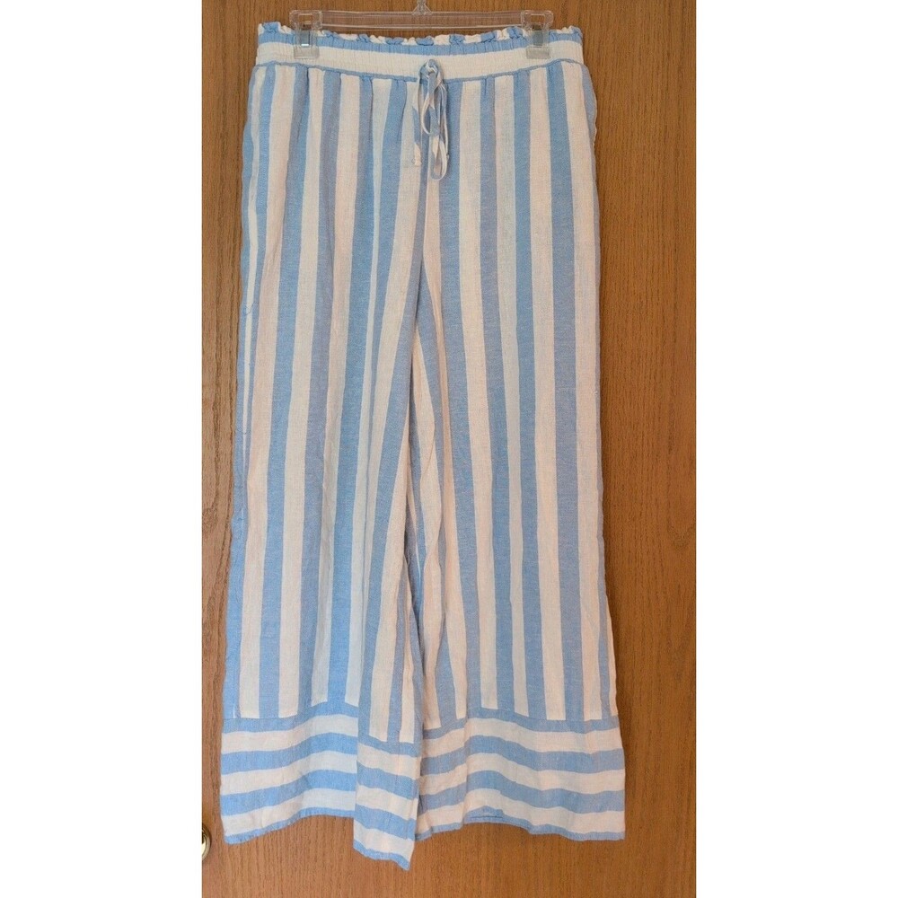 Lauren Conrad Womens Size M Wide Leg Pants Linen Blue Striped Boho Flowy Beach